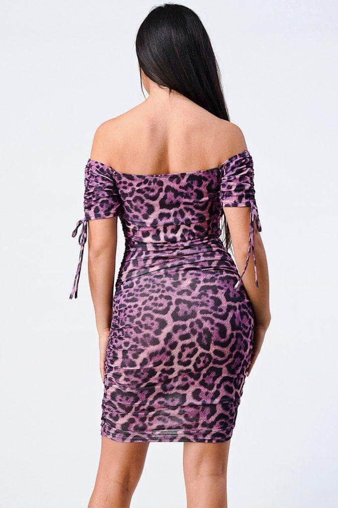Leopard Print Off Shoulder Shirring Bodycon Dress Blue Zone Planet