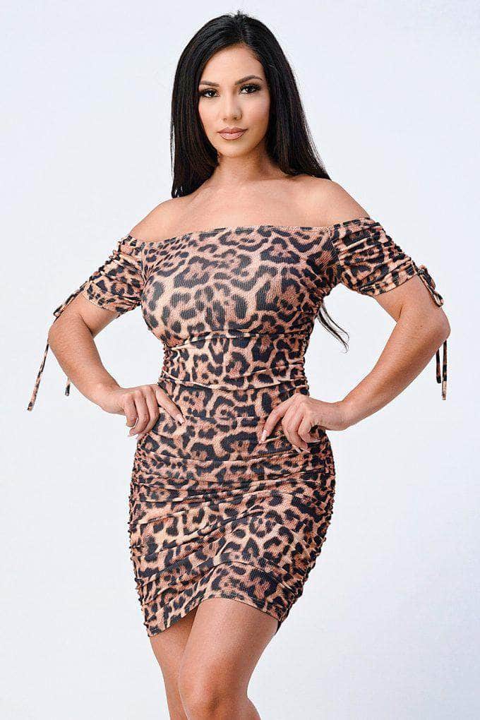 Leopard Print Off Shoulder Shirring Bodycon Dress Blue Zone Planet