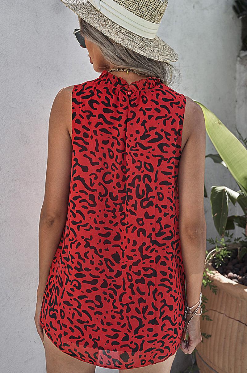 Leopard Print Ruffled Neck Tank Top BLUE ZONE PLANET