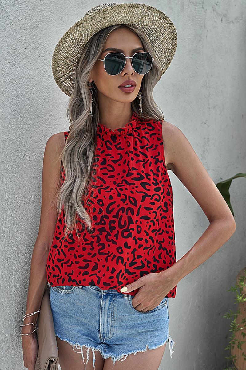 Leopard Print Ruffled Neck Tank Top BLUE ZONE PLANET