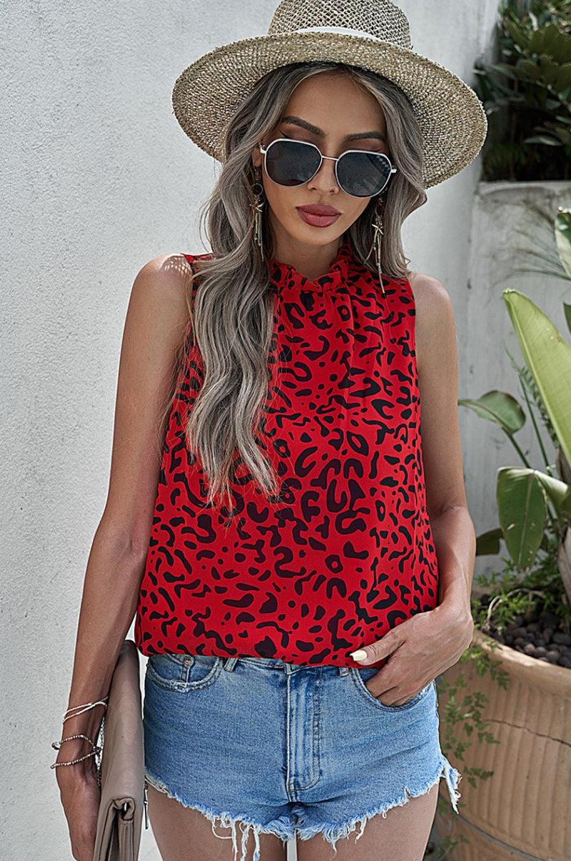 Leopard Print Ruffled Neck Tank Top BLUE ZONE PLANET