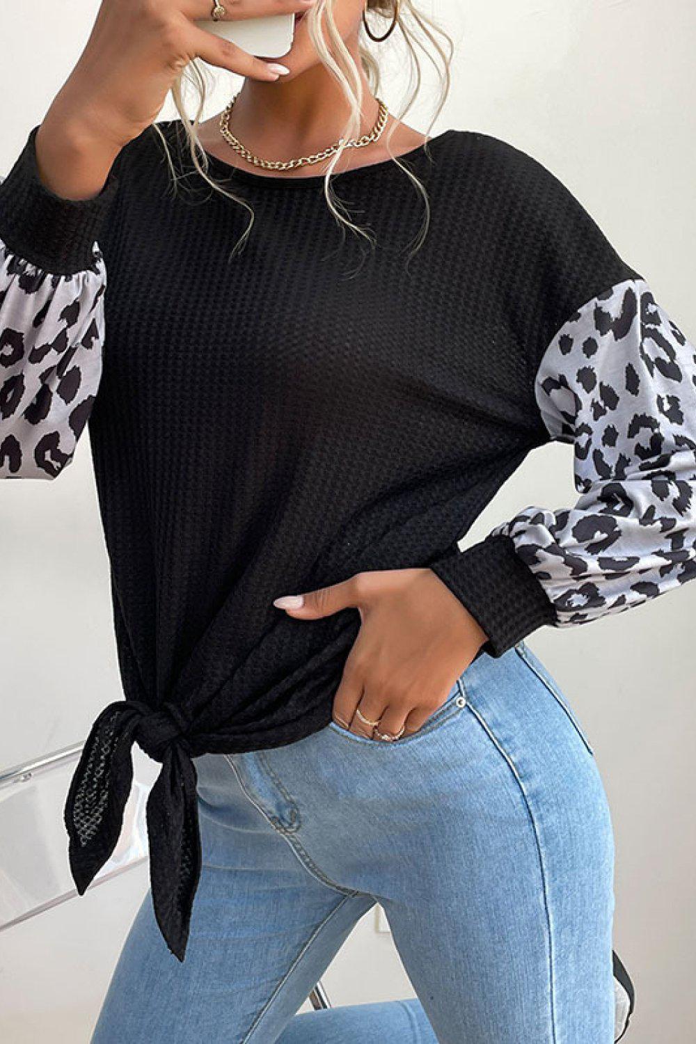 Leopard Print Sleeve Tie Front Top BLUE ZONE PLANET