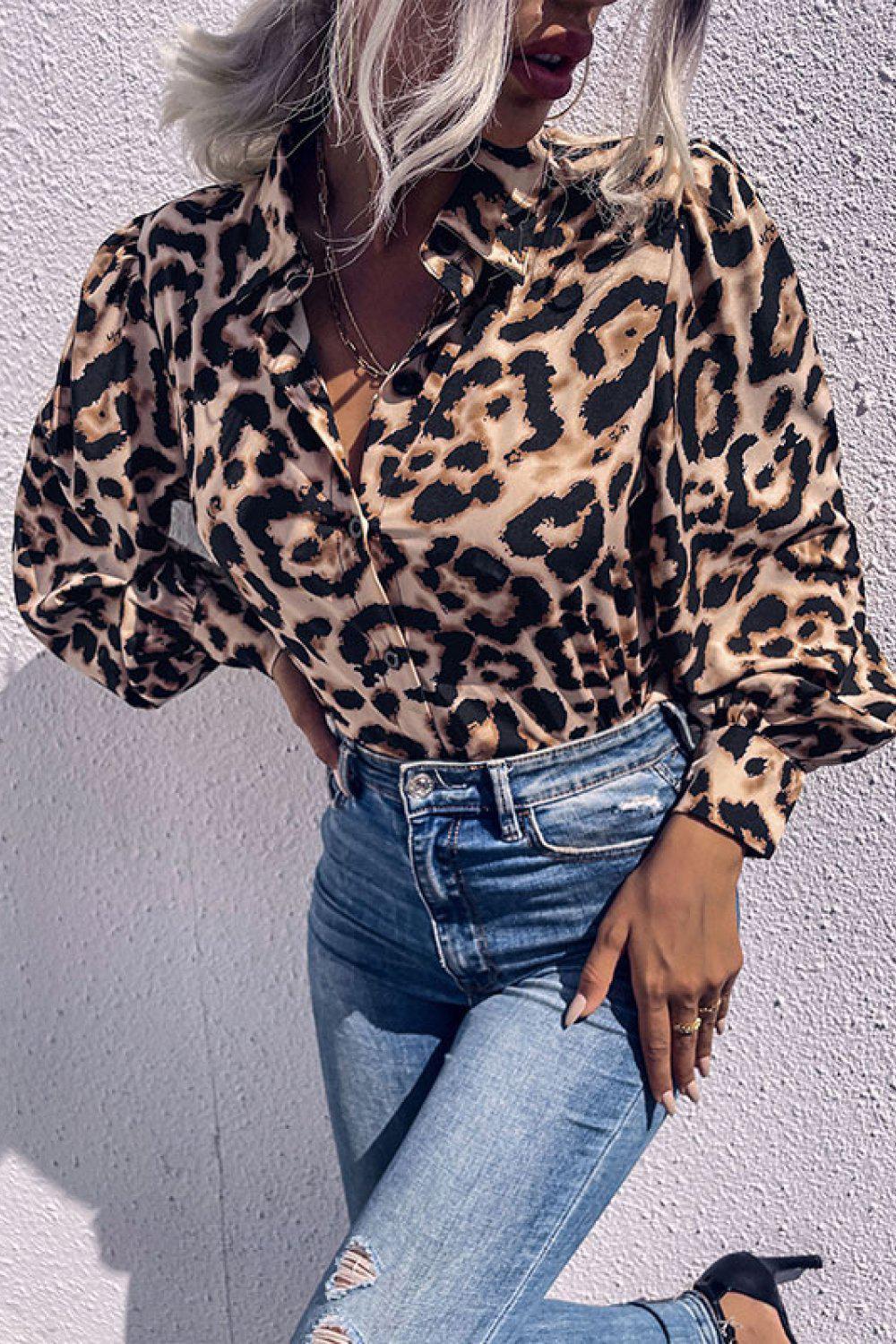 Leopard Printed Button Down Blouse BLUE ZONE PLANET
