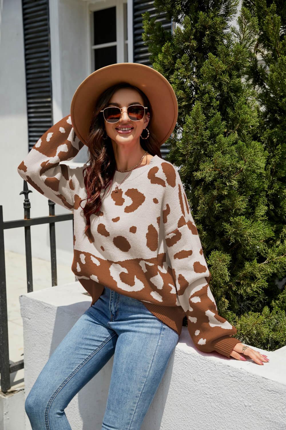 Leopard Ribbed Trim Dropped Shoulder Sweater BLUE ZONE PLANET