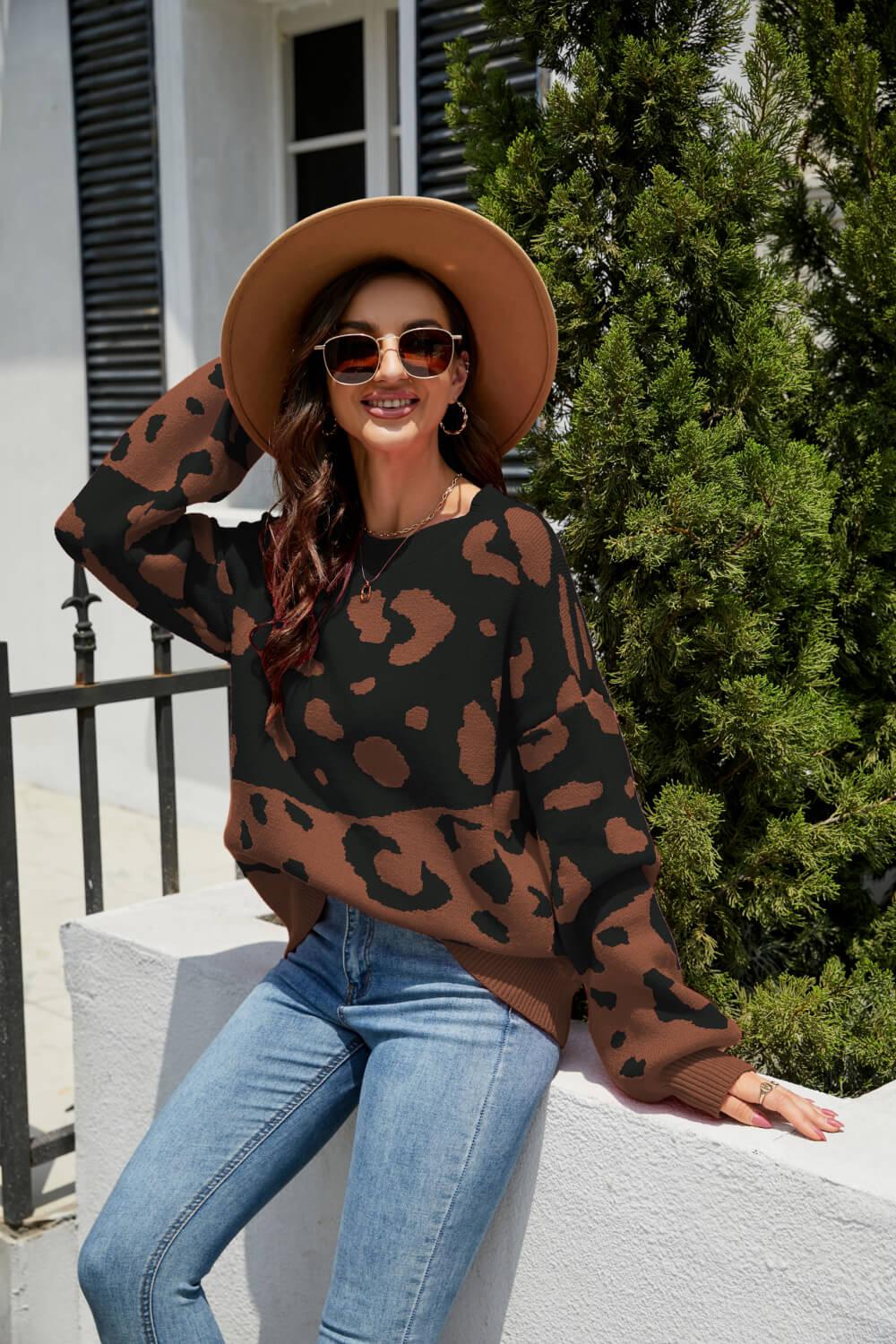 Leopard Ribbed Trim Dropped Shoulder Sweater BLUE ZONE PLANET