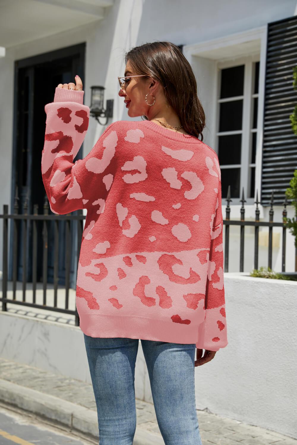 Leopard Ribbed Trim Dropped Shoulder Sweater BLUE ZONE PLANET