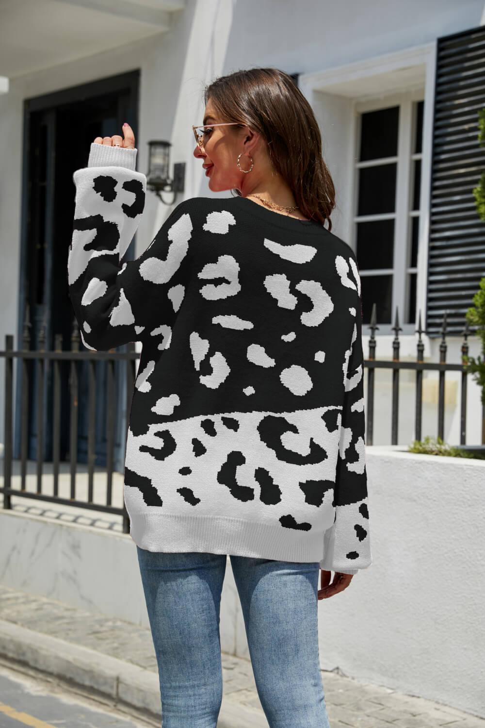 Leopard Ribbed Trim Dropped Shoulder Sweater BLUE ZONE PLANET