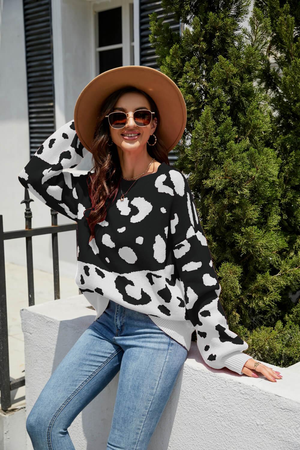 Leopard Ribbed Trim Dropped Shoulder Sweater BLUE ZONE PLANET