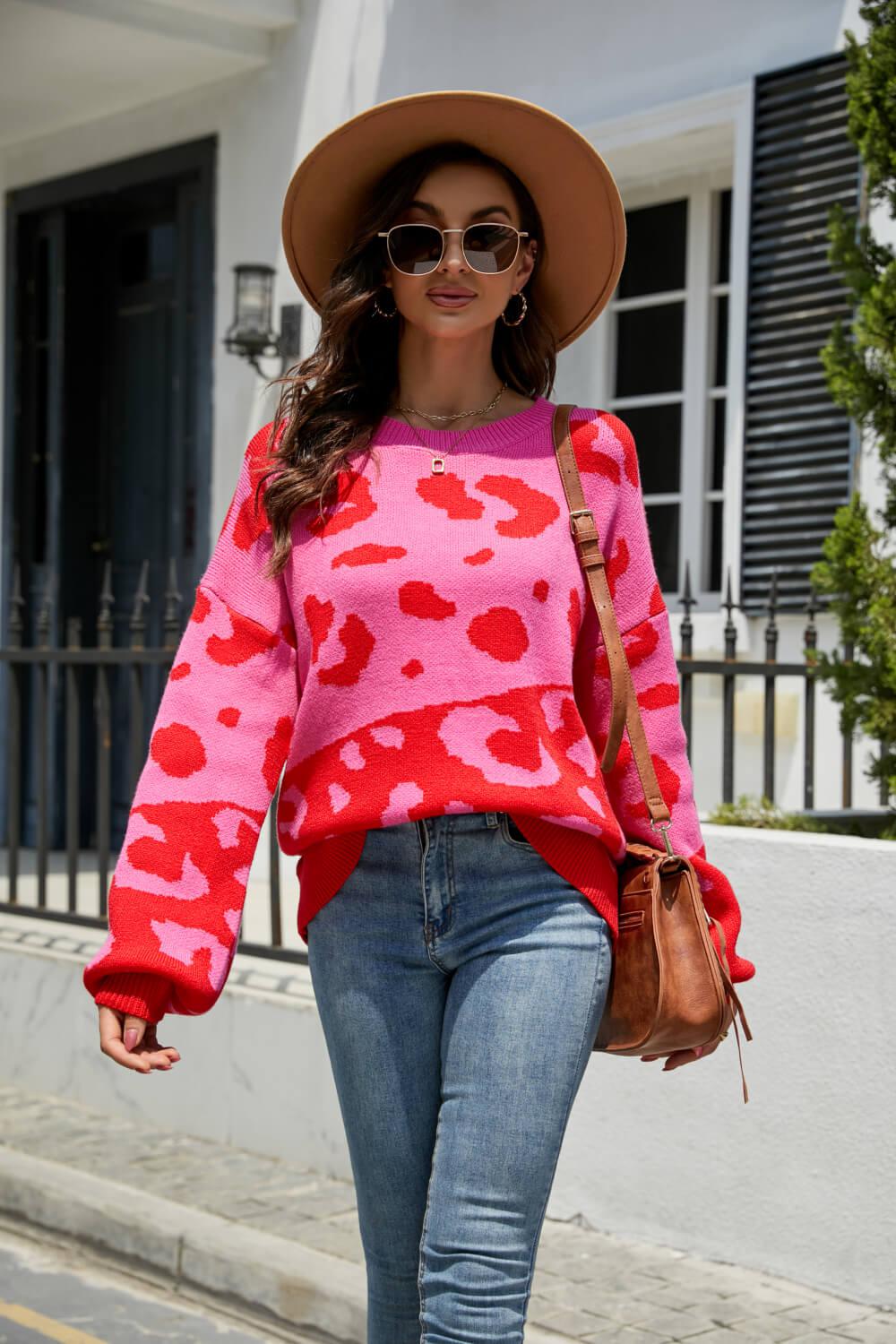 Leopard Ribbed Trim Dropped Shoulder Sweater BLUE ZONE PLANET