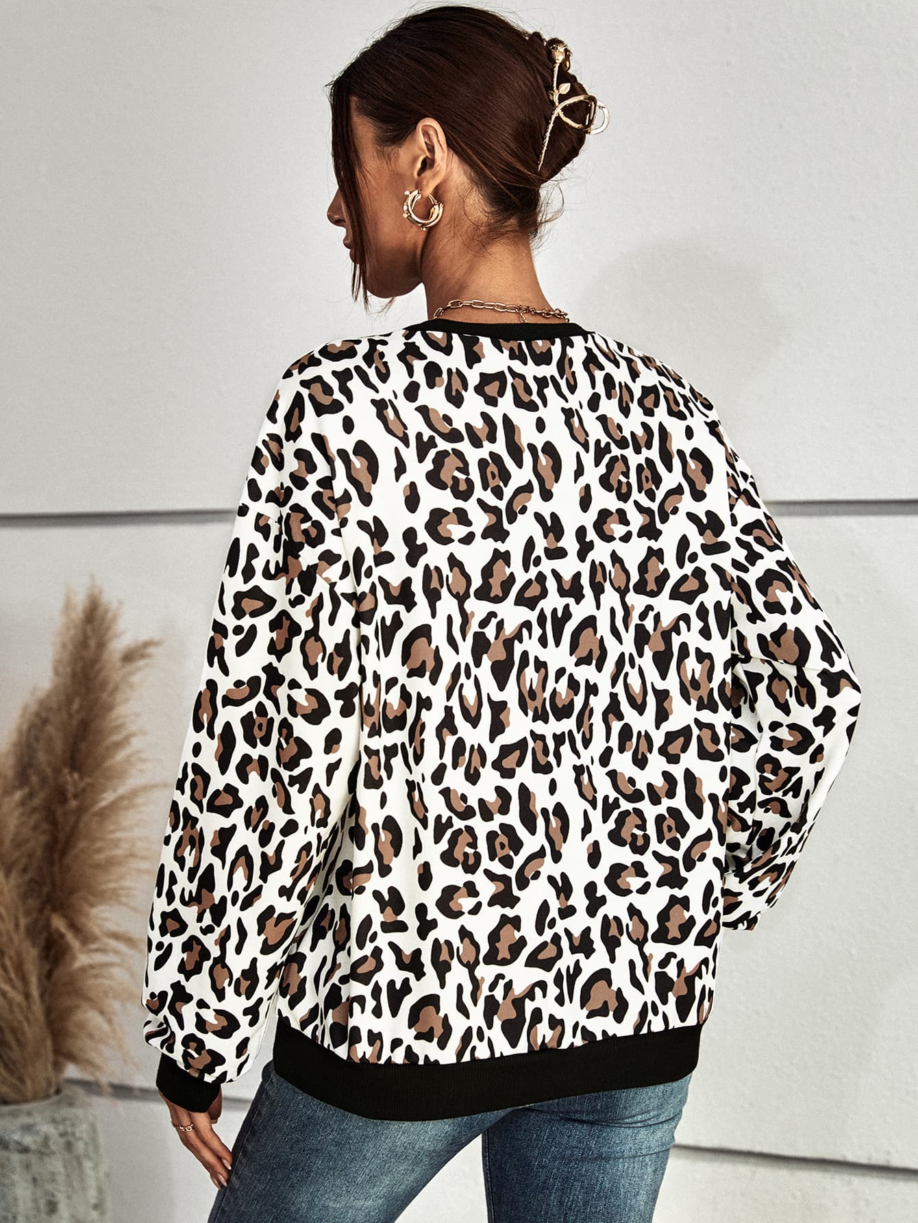 Leopard Round Neck Dropped Shoulder Sweatshirt BLUE ZONE PLANET