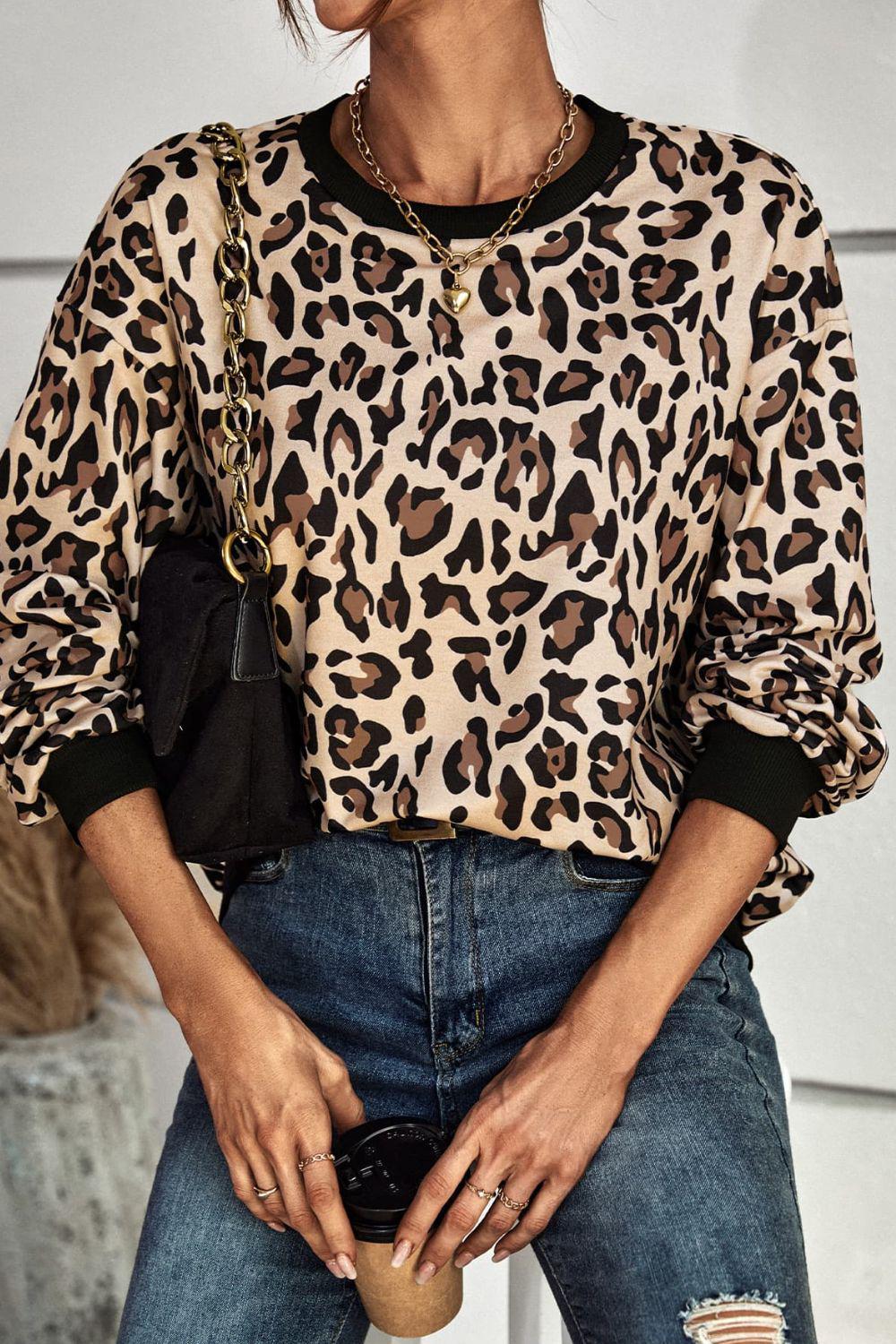 Leopard Round Neck Dropped Shoulder Sweatshirt BLUE ZONE PLANET