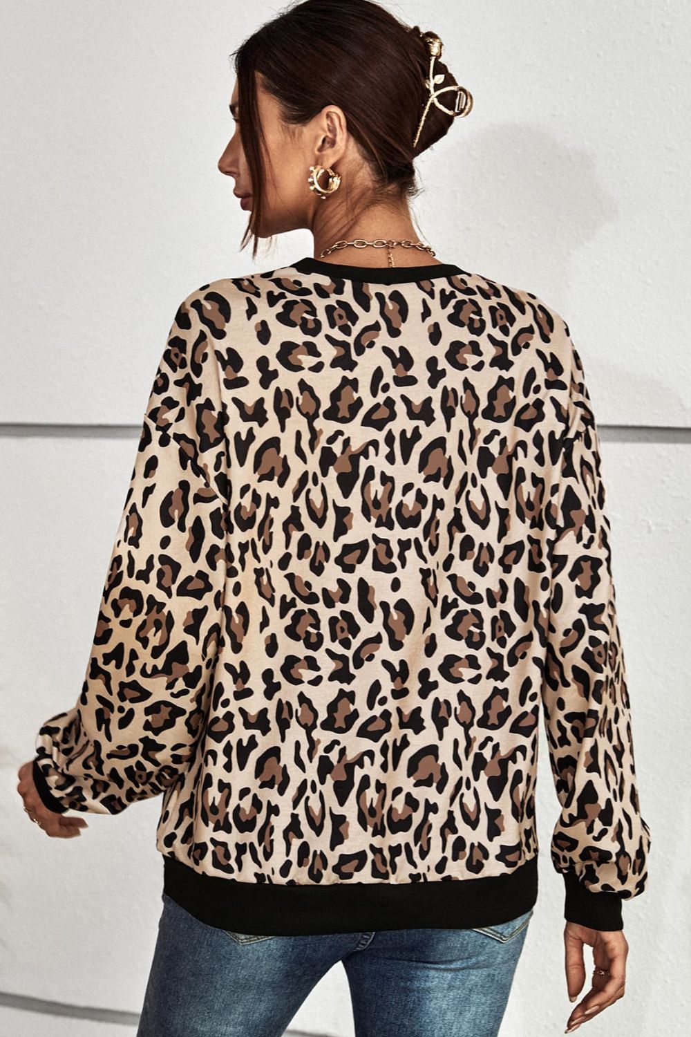 Leopard Round Neck Dropped Shoulder Sweatshirt BLUE ZONE PLANET