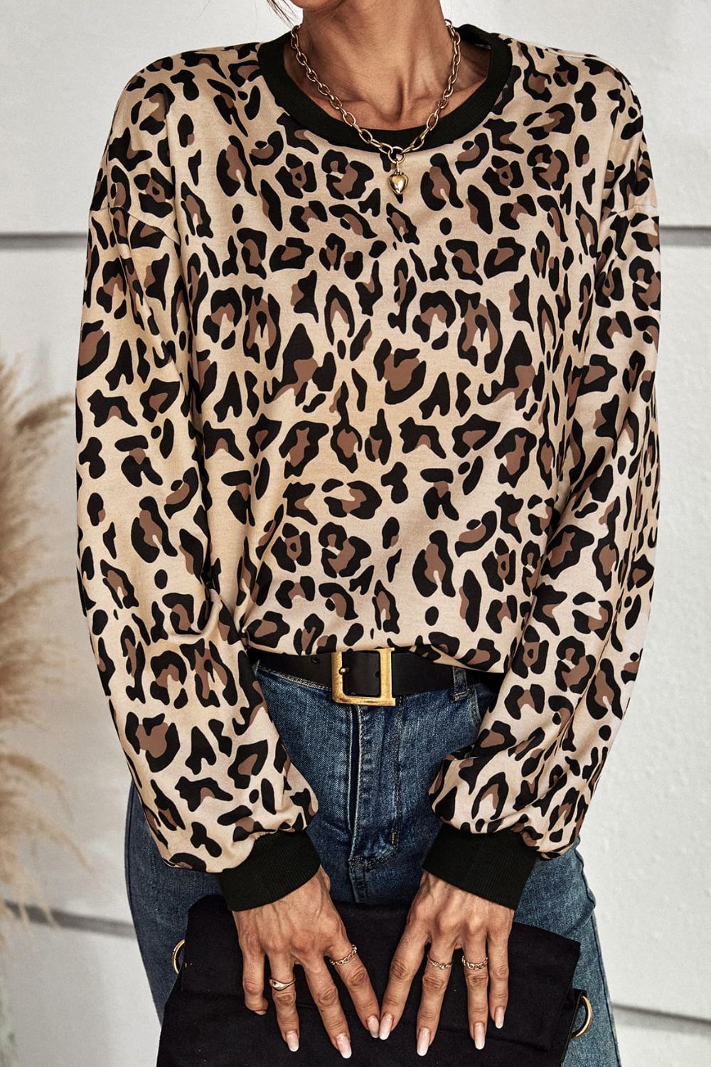 Leopard Round Neck Dropped Shoulder Sweatshirt BLUE ZONE PLANET