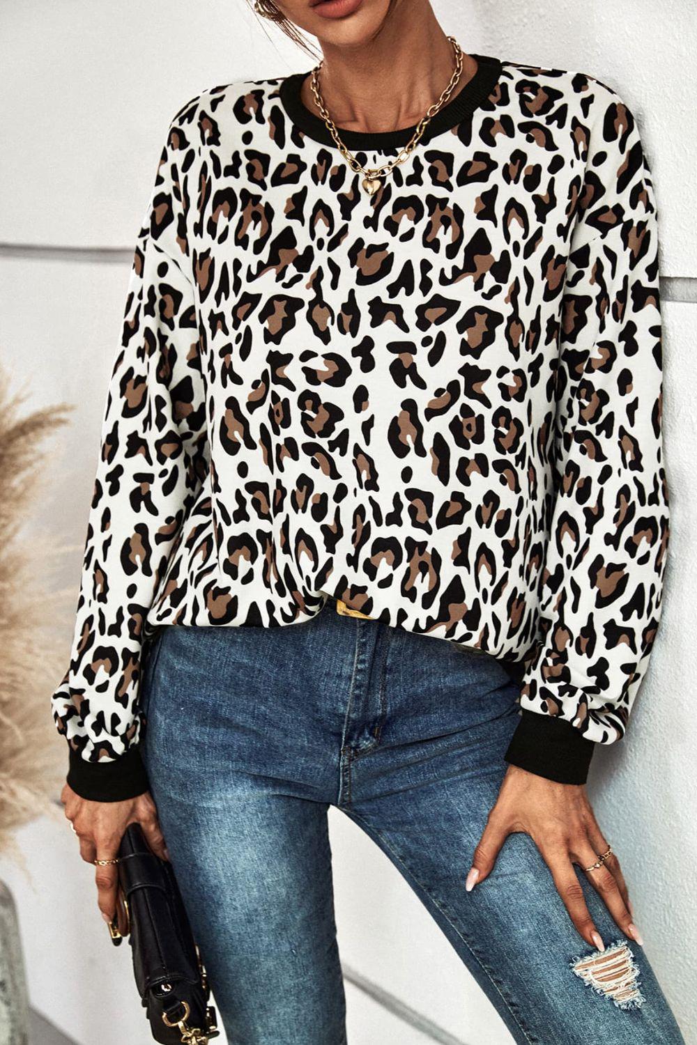 Leopard Round Neck Dropped Shoulder Sweatshirt BLUE ZONE PLANET