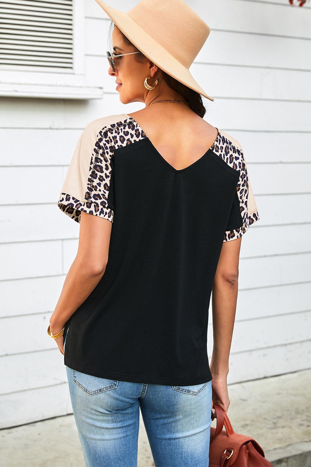 Leopard Sleeve Side Slit V-Neck Tee-Shirt BLUE ZONE PLANET