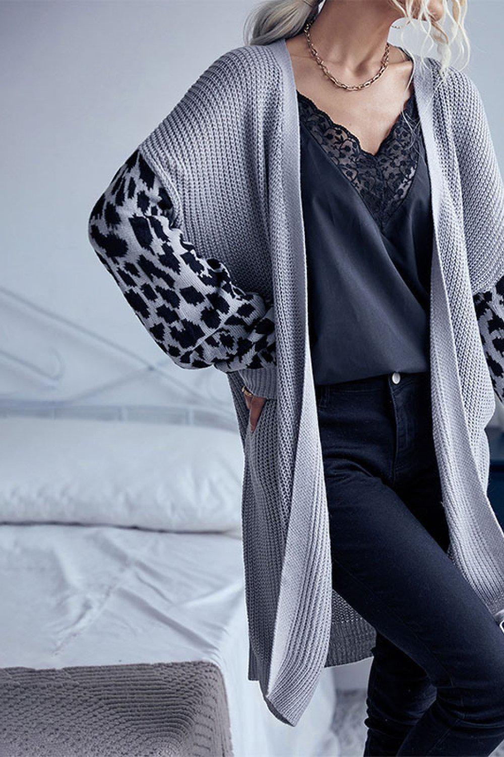 Leopard Sleeves Waffle Knit Open Front Cardigan BLUE ZONE PLANET