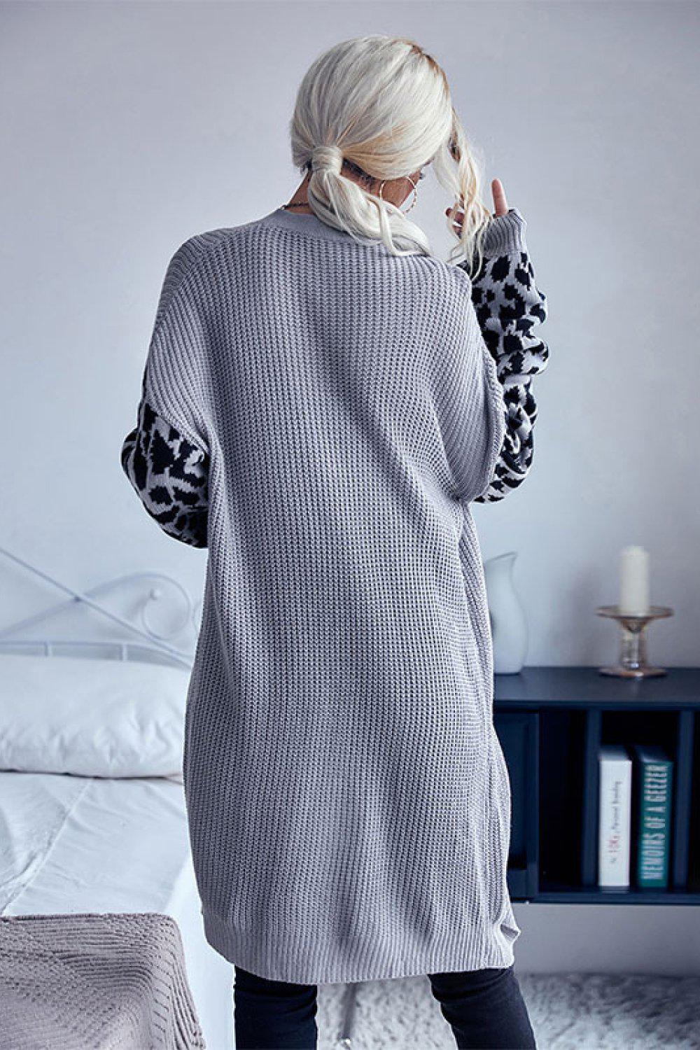 Leopard Sleeves Waffle Knit Open Front Cardigan BLUE ZONE PLANET