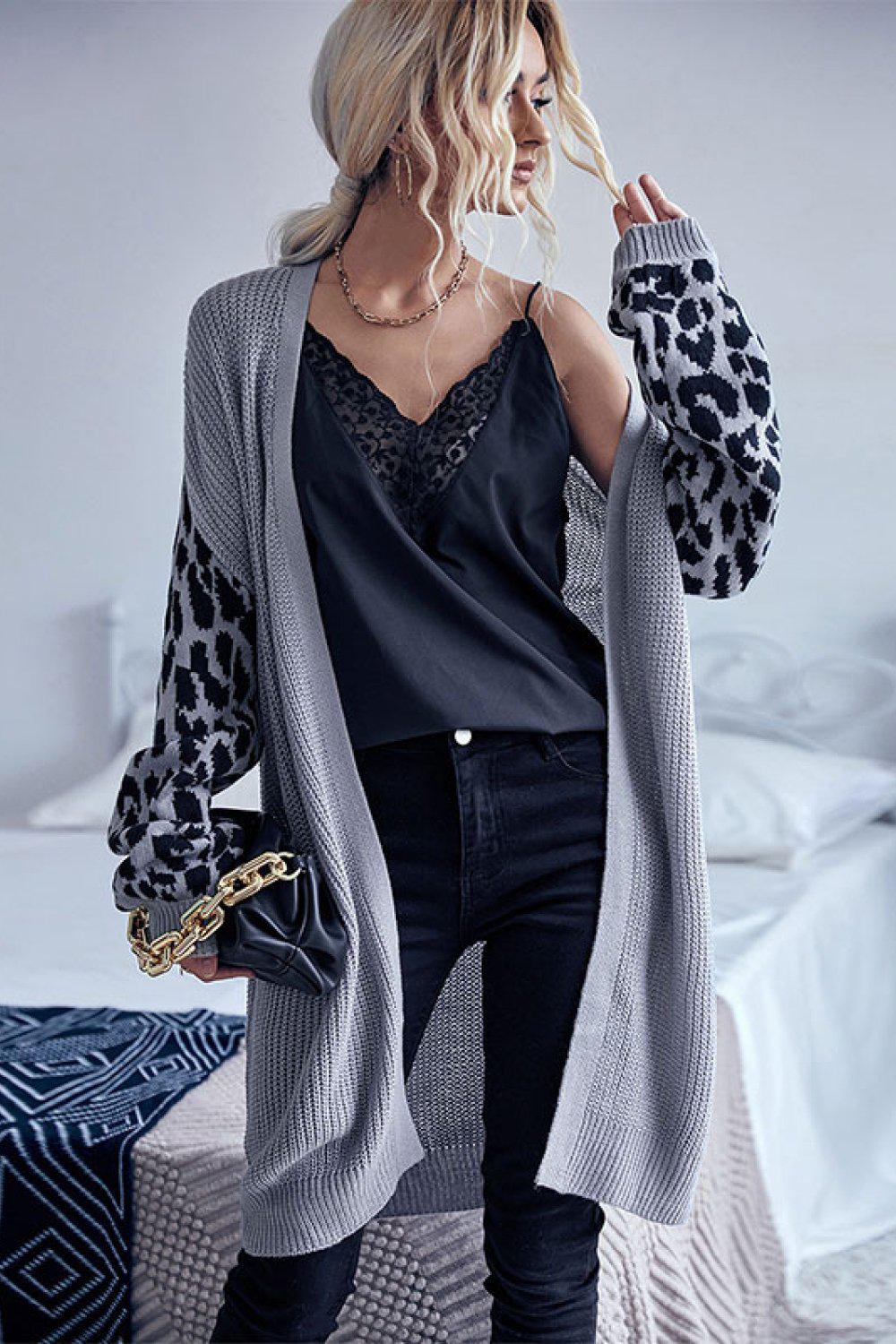 Leopard Sleeves Waffle Knit Open Front Cardigan BLUE ZONE PLANET