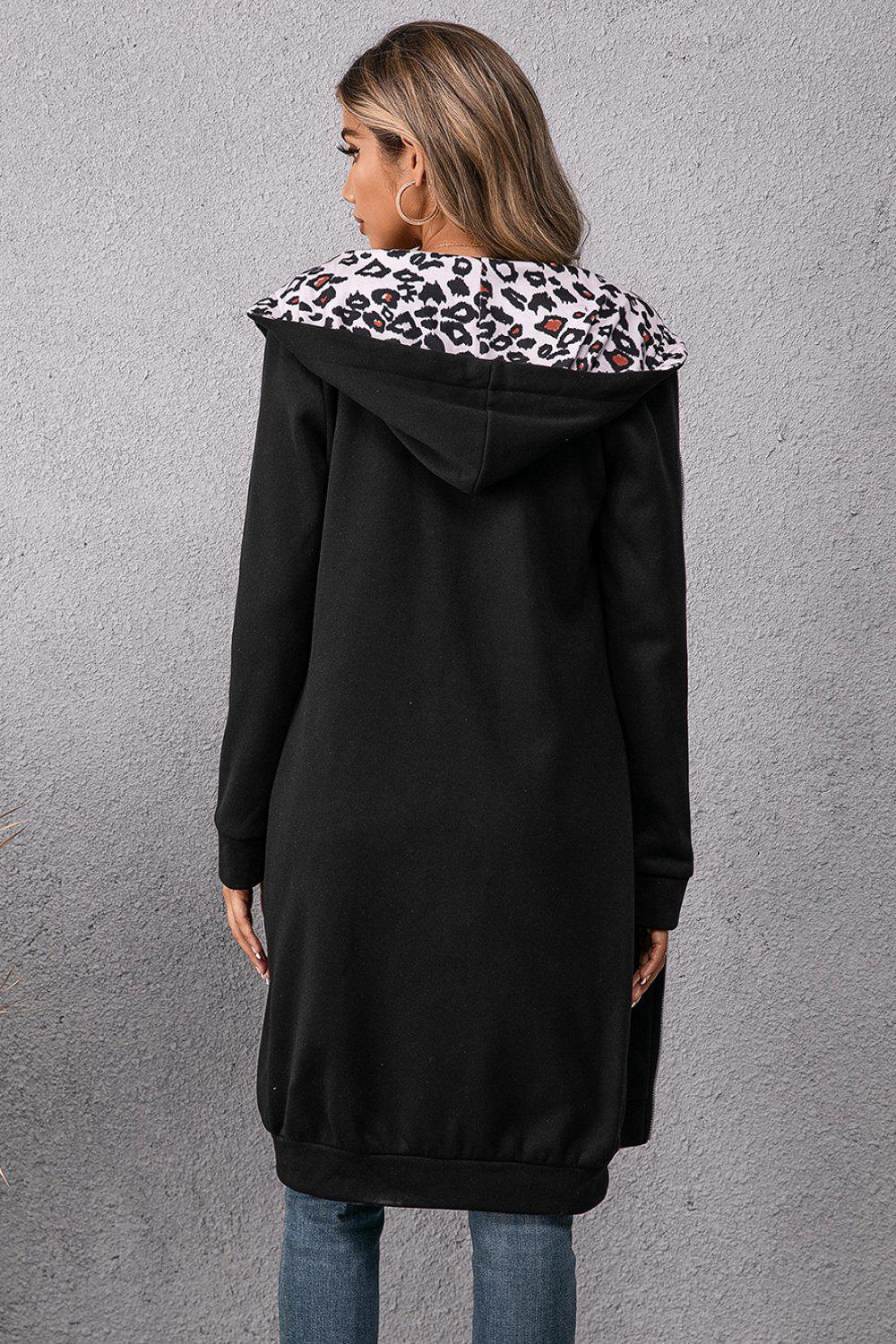 Leopard Spliced Drawstring Zip Up Hoodie Dress BLUE ZONE PLANET