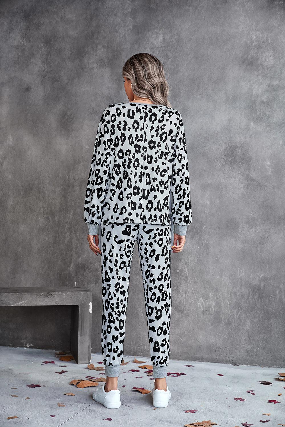 Leopard V-Neck Dropped Shoulder Loungewear Set BLUE ZONE PLANET