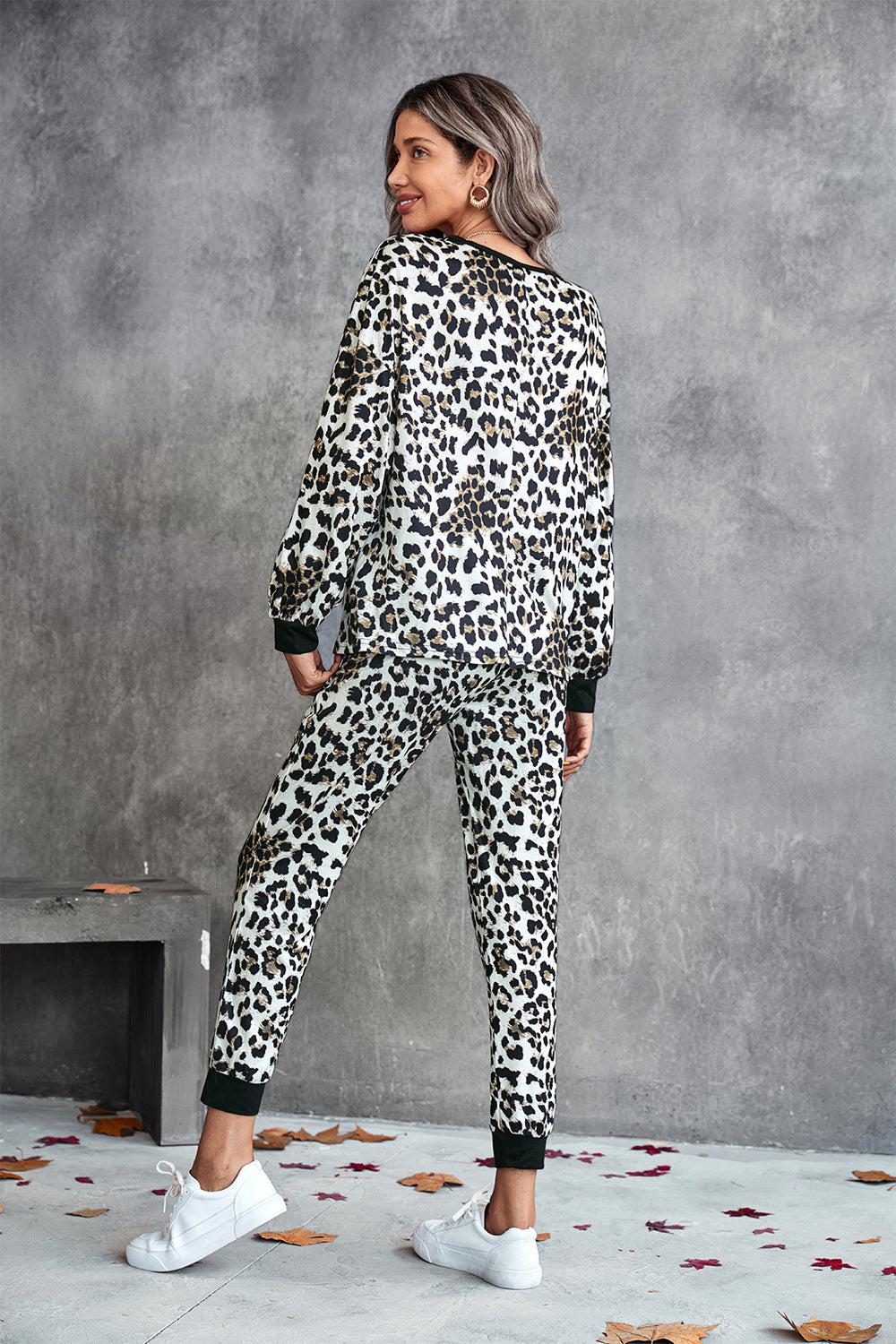 Leopard V-Neck Dropped Shoulder Loungewear Set BLUE ZONE PLANET