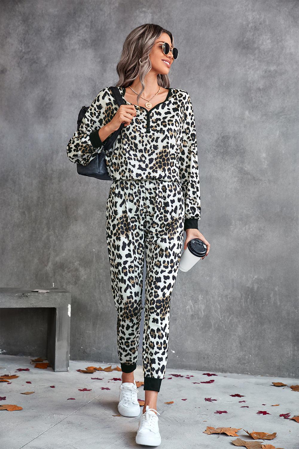 Leopard V-Neck Dropped Shoulder Loungewear Set BLUE ZONE PLANET