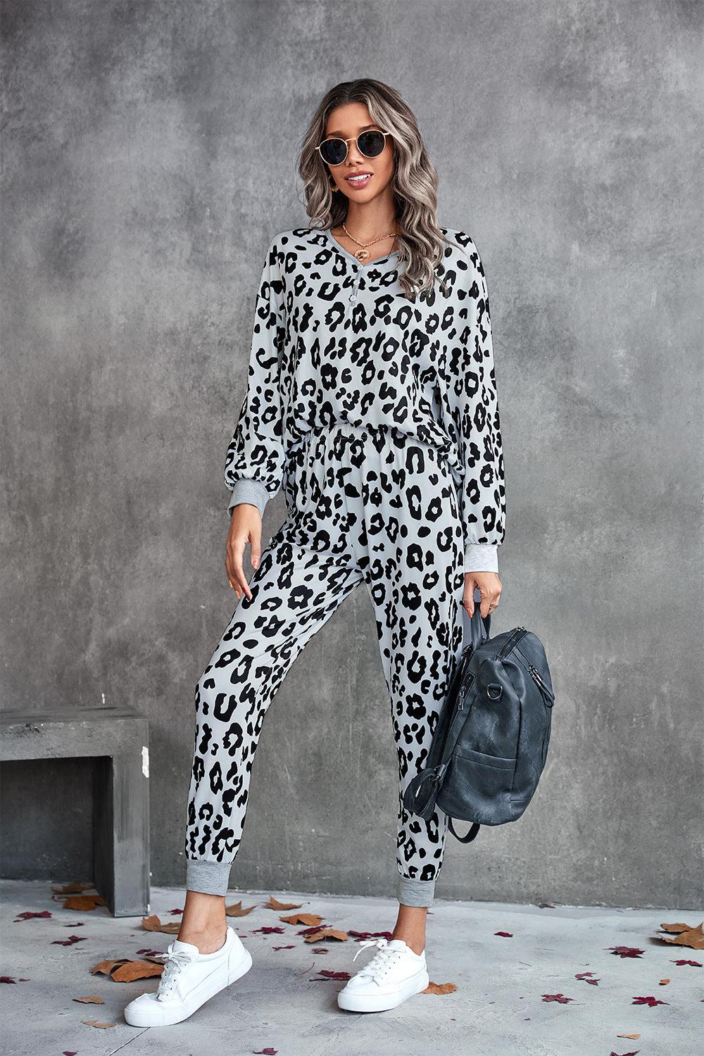 Leopard V-Neck Dropped Shoulder Loungewear Set BLUE ZONE PLANET