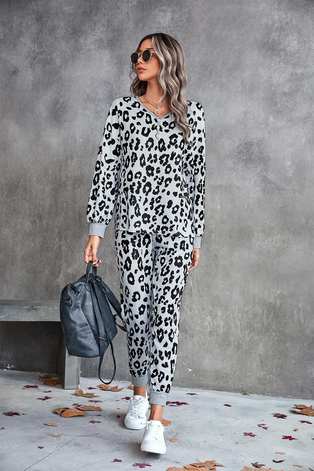 Leopard V-Neck Dropped Shoulder Loungewear Set BLUE ZONE PLANET