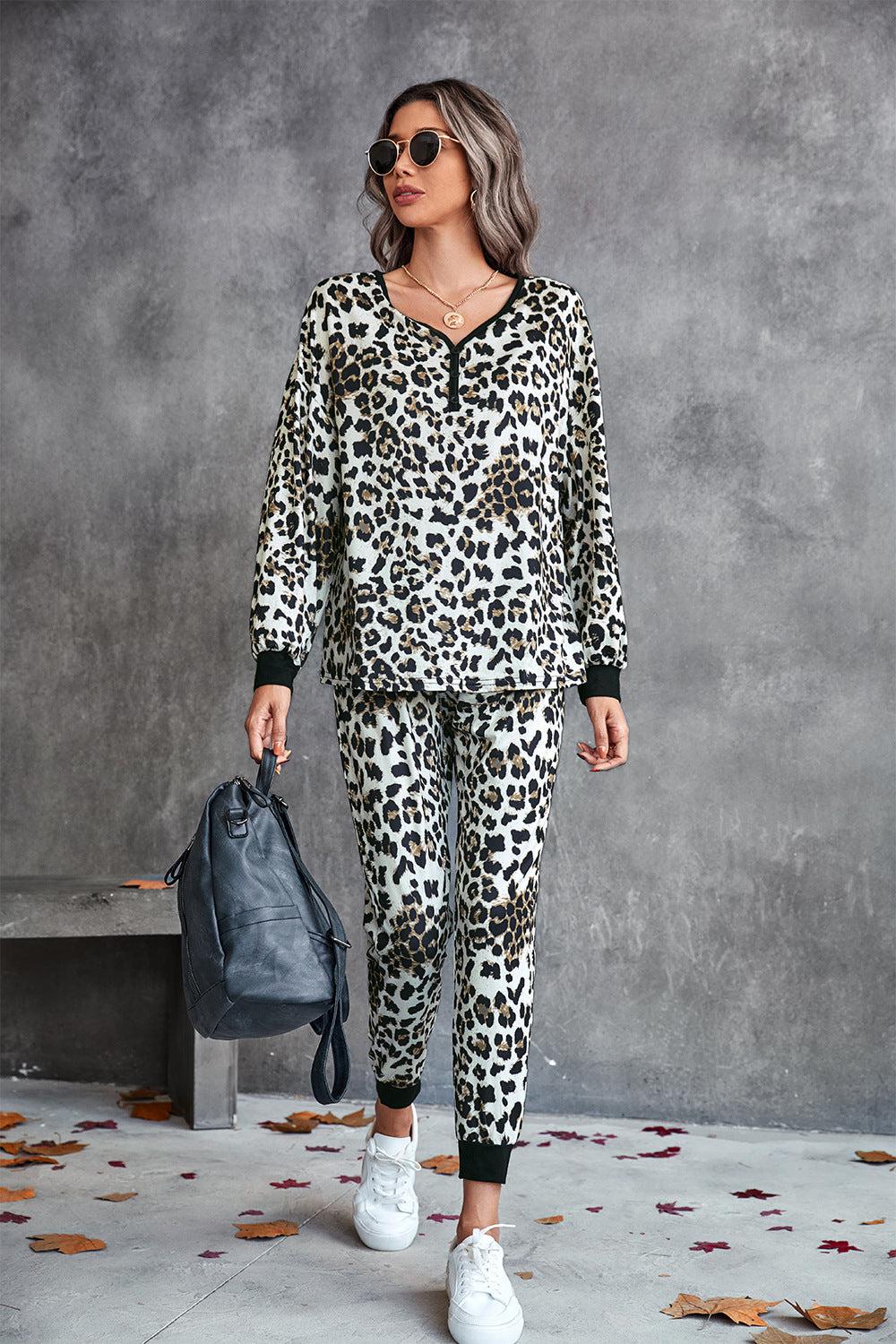 Leopard V-Neck Dropped Shoulder Loungewear Set BLUE ZONE PLANET
