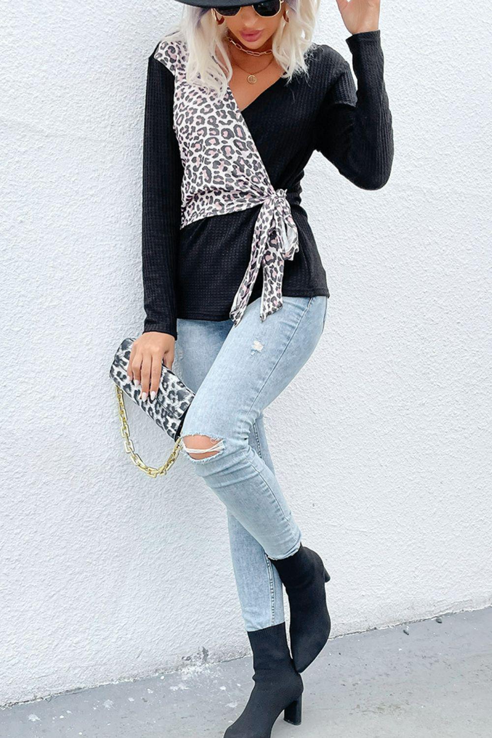 Leopard Waffle-Knit Tied Top BLUE ZONE PLANET