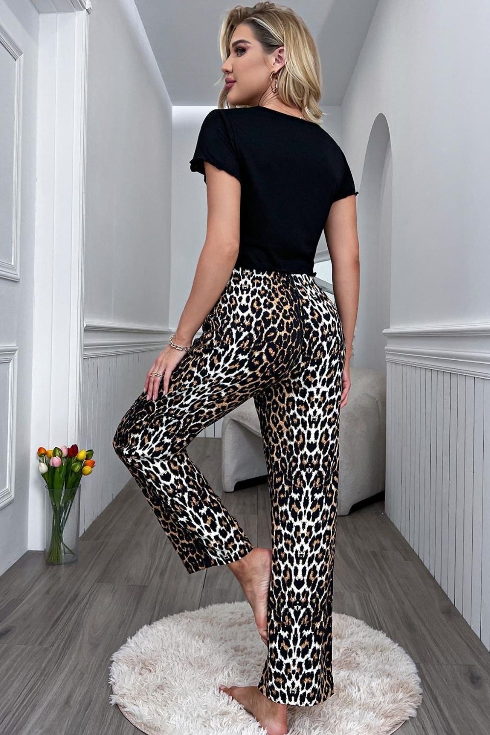 Lettuce Trim Cropped T-Shirt and Leopard Pants Lounge Set BLUE ZONE PLANET