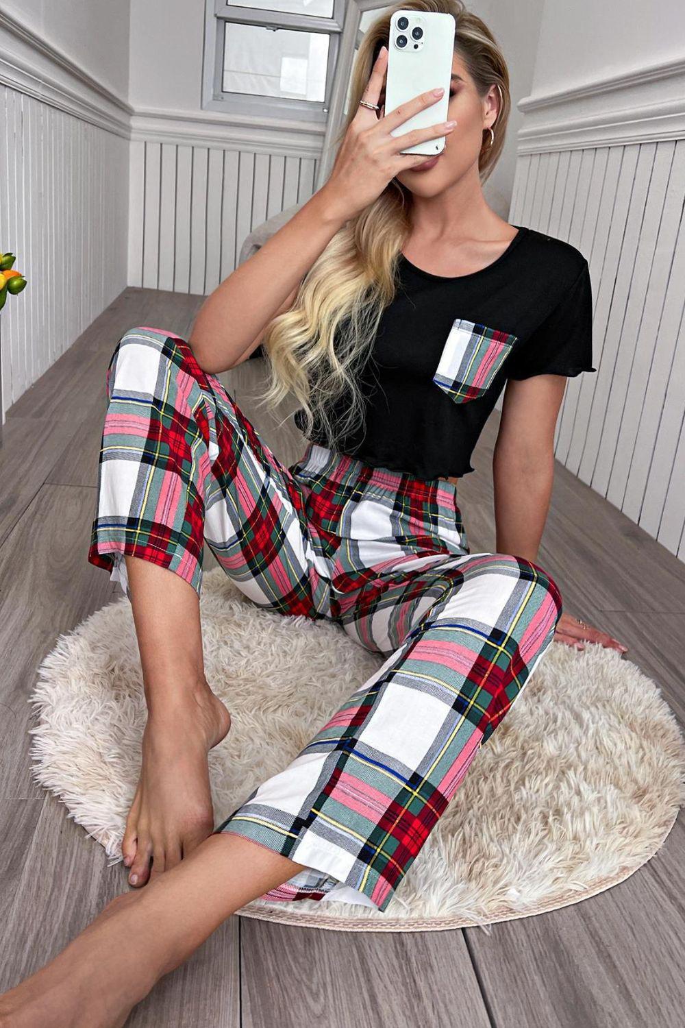 Lettuce Trim Cropped T-Shirt and Plaid Pants Lounge Set BLUE ZONE PLANET