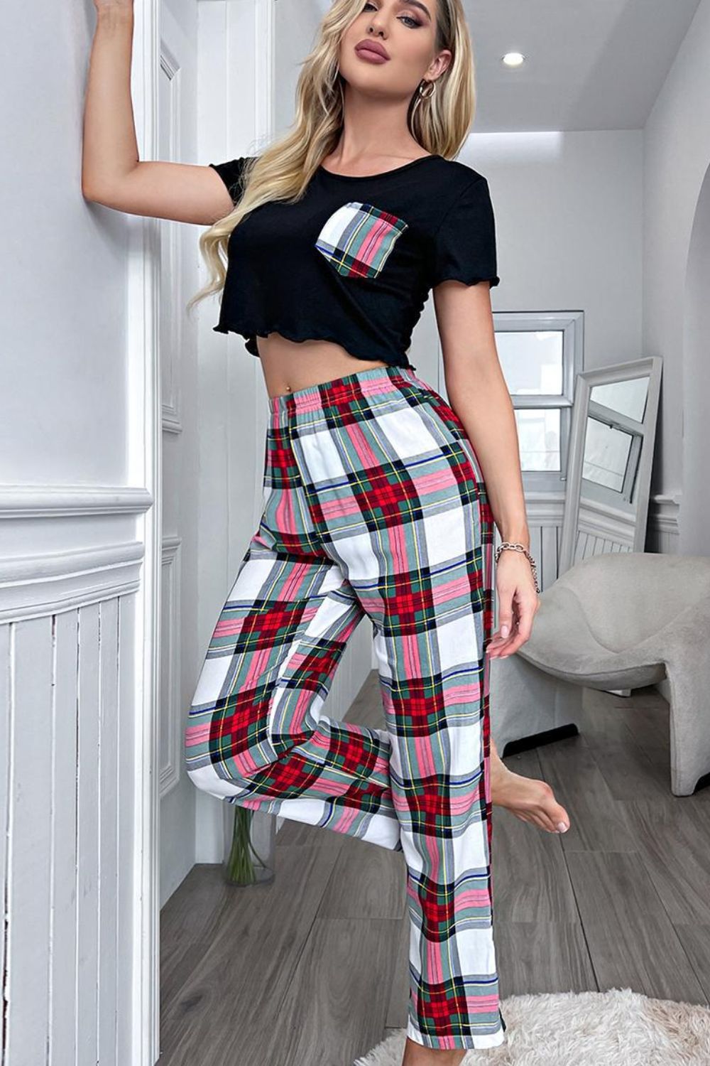 Lettuce Trim Cropped T-Shirt and Plaid Pants Lounge Set BLUE ZONE PLANET