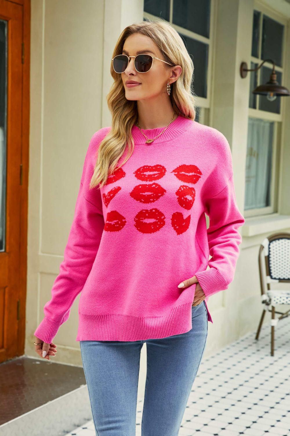 Lip Graphic Slit Dropped Shoulder Sweater BLUE ZONE PLANET