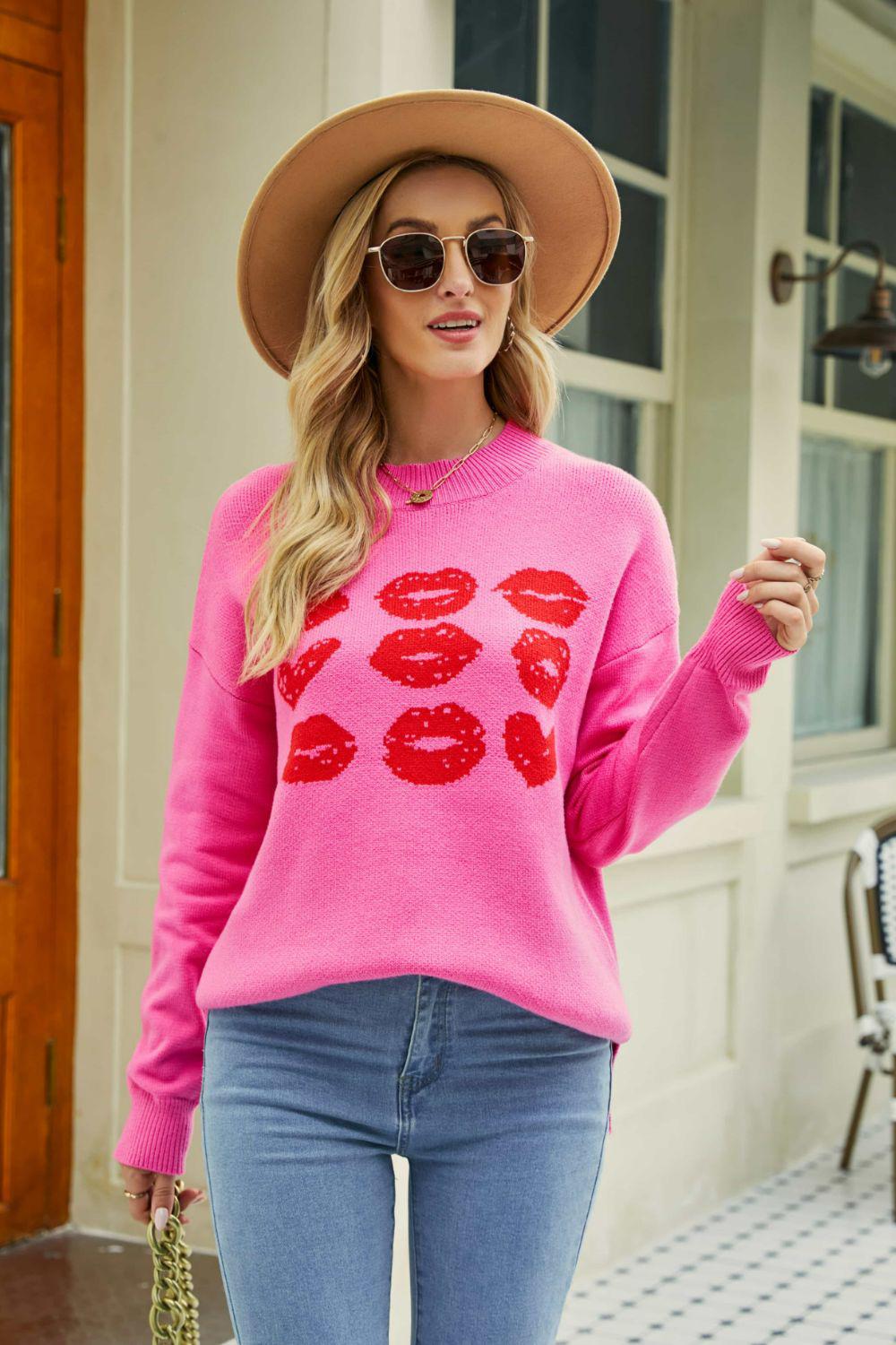 Lip Graphic Slit Dropped Shoulder Sweater BLUE ZONE PLANET