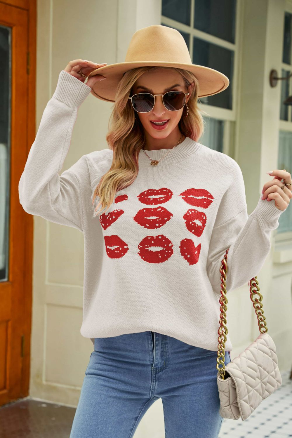 Lip Graphic Slit Dropped Shoulder Sweater BLUE ZONE PLANET