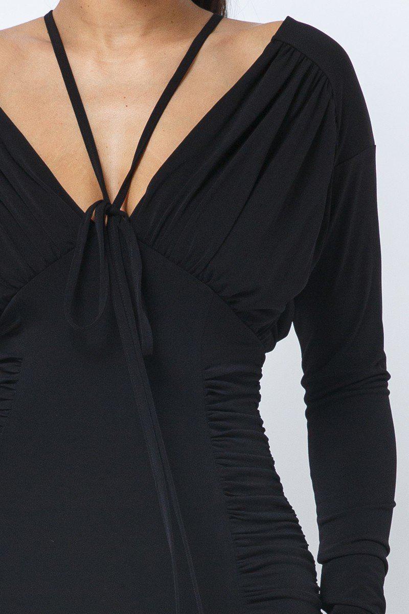Long Sleeve Midi Dress With Low V Neck Front And Back With Ruching On Sides And Chest Blue Zone Planet
