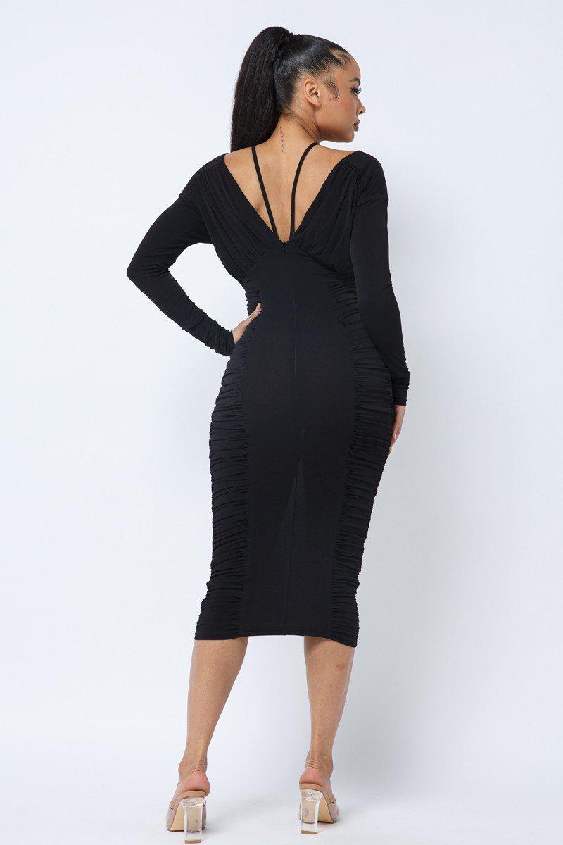 Long Sleeve Midi Dress With Low V Neck Front And Back With Ruching On Sides And Chest Blue Zone Planet