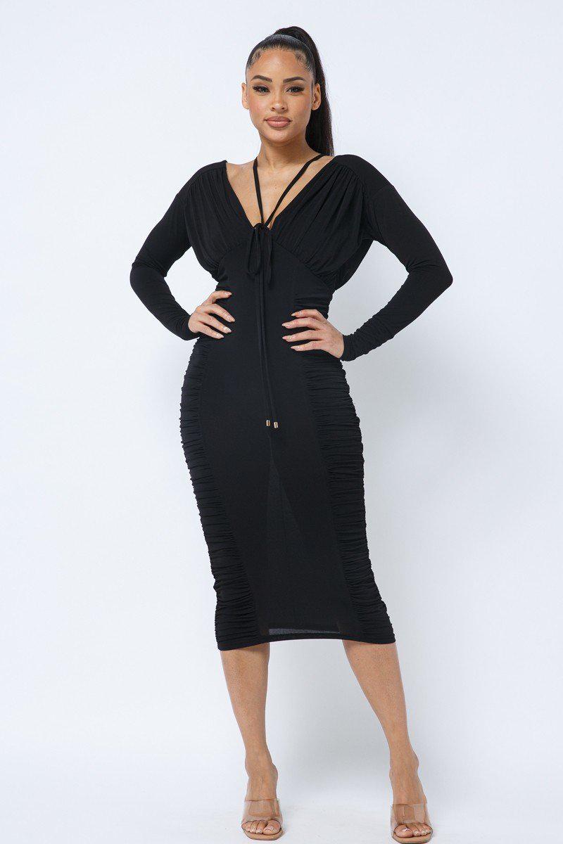 Long Sleeve Midi Dress With Low V Neck Front And Back With Ruching On Sides And Chest Blue Zone Planet