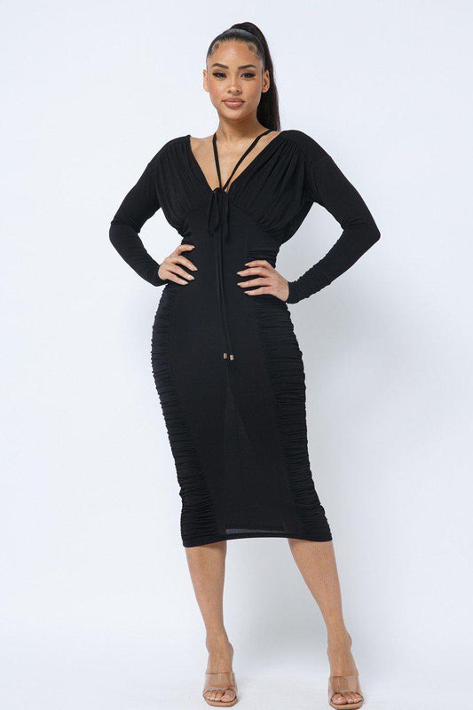 Long Sleeve Midi Dress With Low V Neck Front And Back With Ruching On Sides And Chest Blue Zone Planet
