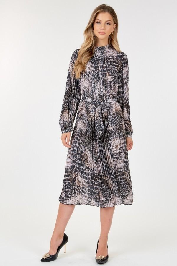 Long Sleeve Pleated Snake Skin Print Midi Dress Blue Zone Planet