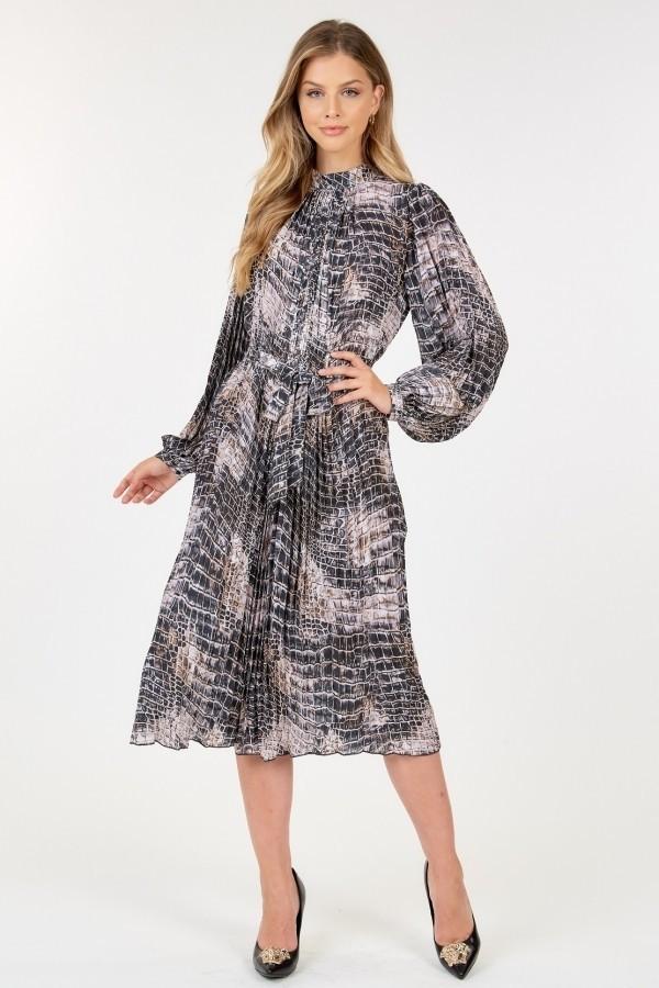 Long Sleeve Pleated Snake Skin Print Midi Dress Blue Zone Planet