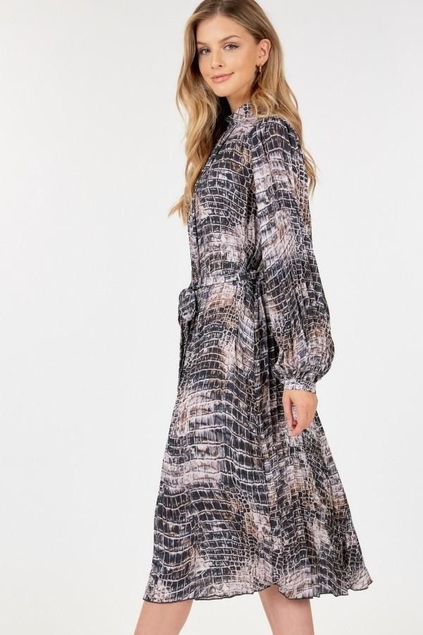Long Sleeve Pleated Snake Skin Print Midi Dress Blue Zone Planet