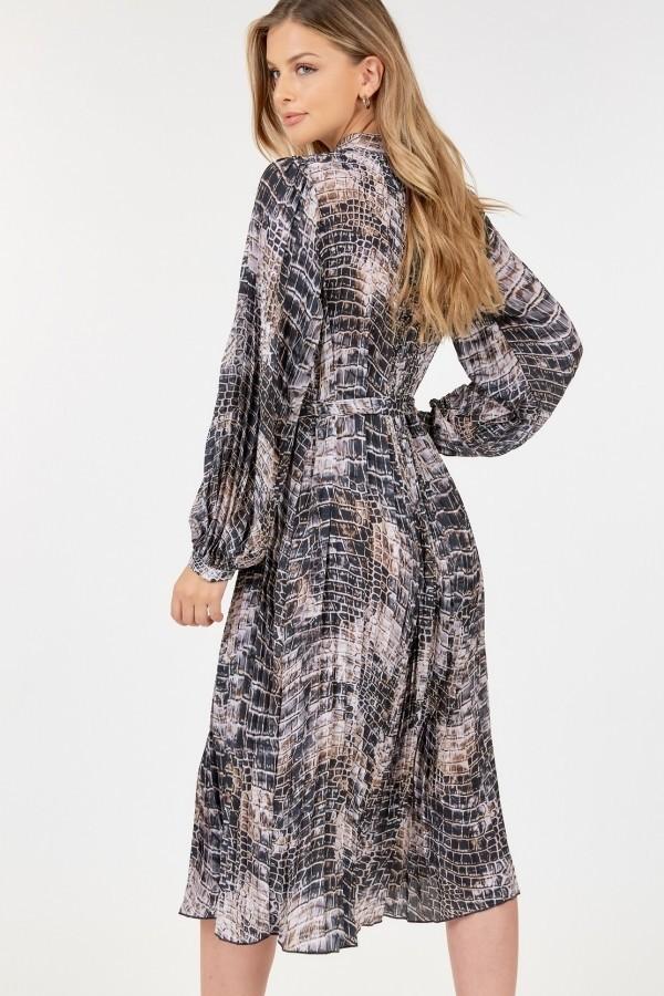 Long Sleeve Pleated Snake Skin Print Midi Dress Blue Zone Planet