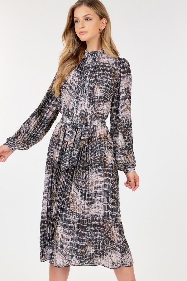 Long Sleeve Pleated Snake Skin Print Midi Dress Blue Zone Planet