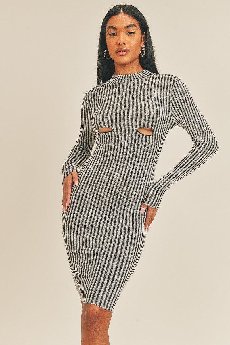 Long Sleeve Stripe Print Midi Dress Blue Zone Planet