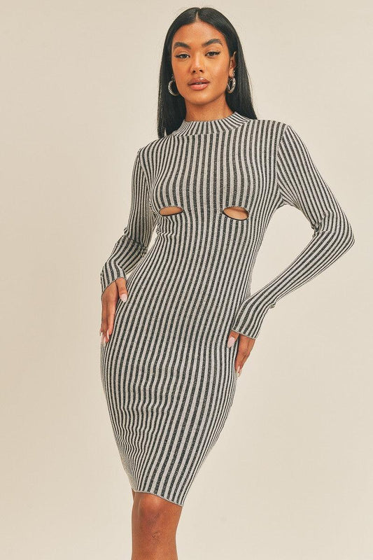 Long Sleeve Stripe Print Midi Dress Blue Zone Planet