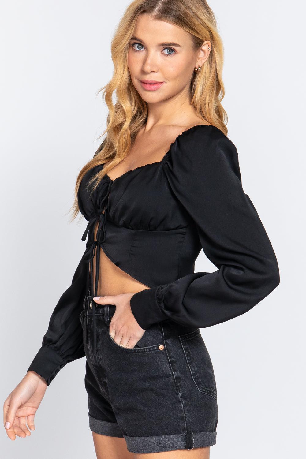 Long Sleeve Sweetheart Neck Front Ribbon Tie Detail Woven Top Blue Zone Planet