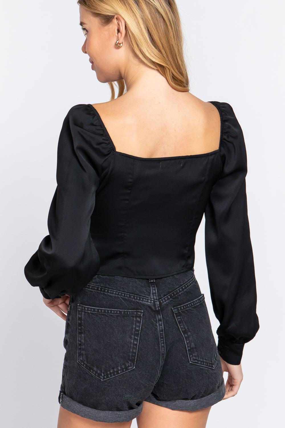 Long Sleeve Sweetheart Neck Front Ribbon Tie Detail Woven Top Blue Zone Planet