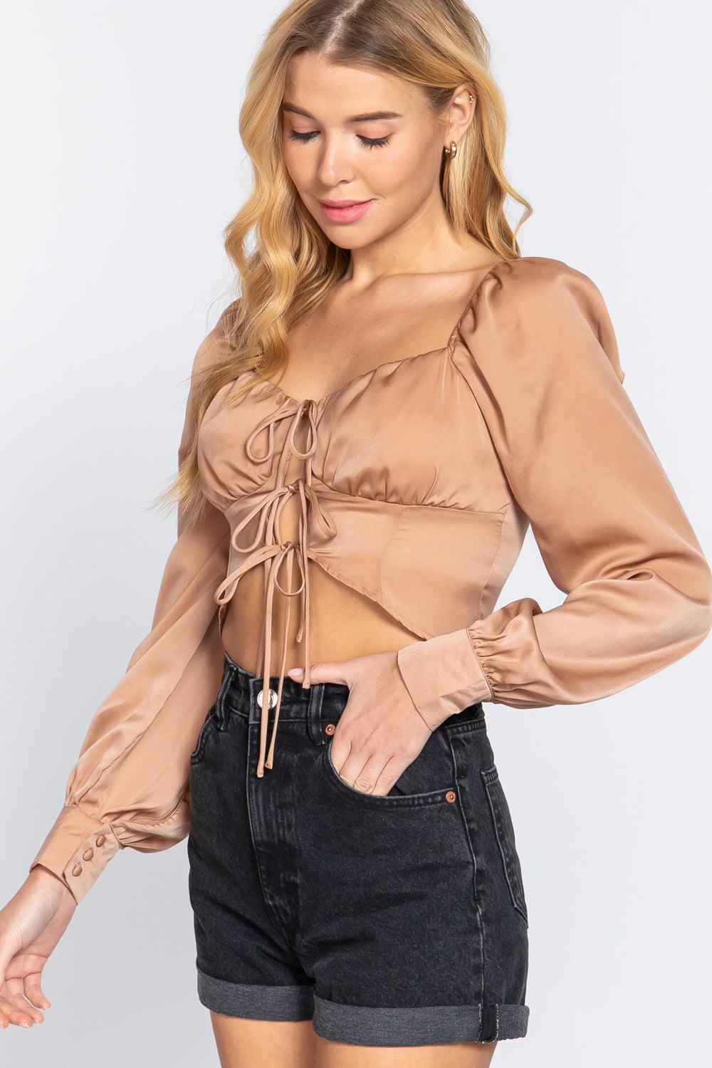 Long Sleeve Sweetheart Neck Front Ribbon Tie Detail Woven Top Blue Zone Planet